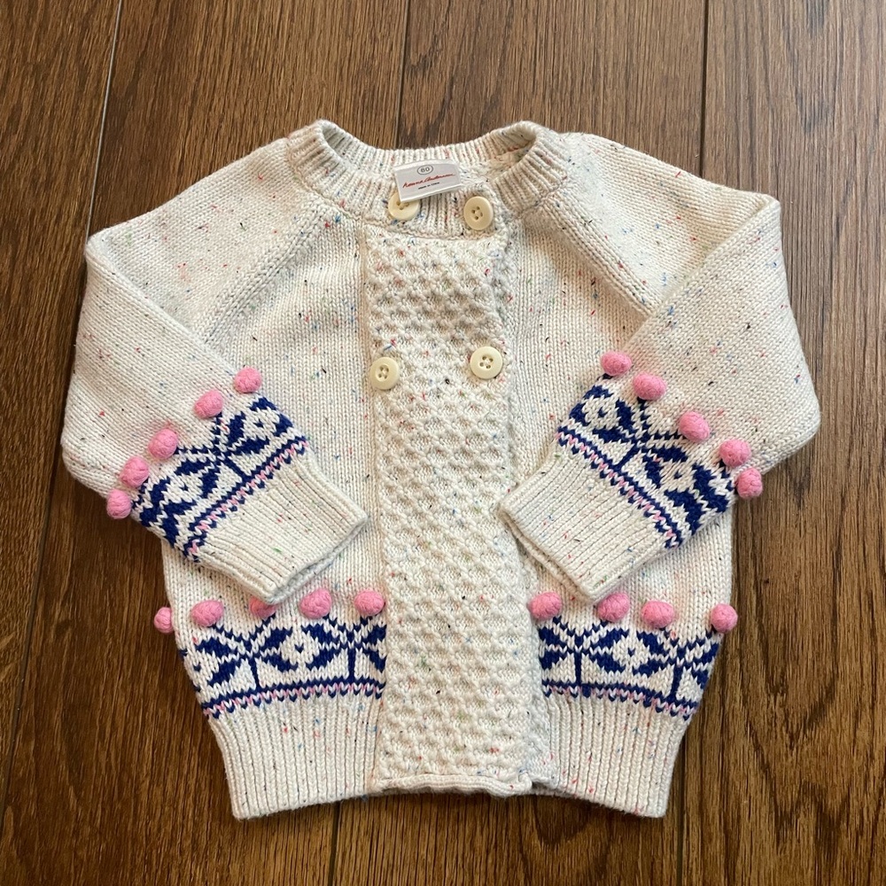 Hanna Andersson Cream Knit Cardigan with Navy Fair Isle and Pink Pom Poms